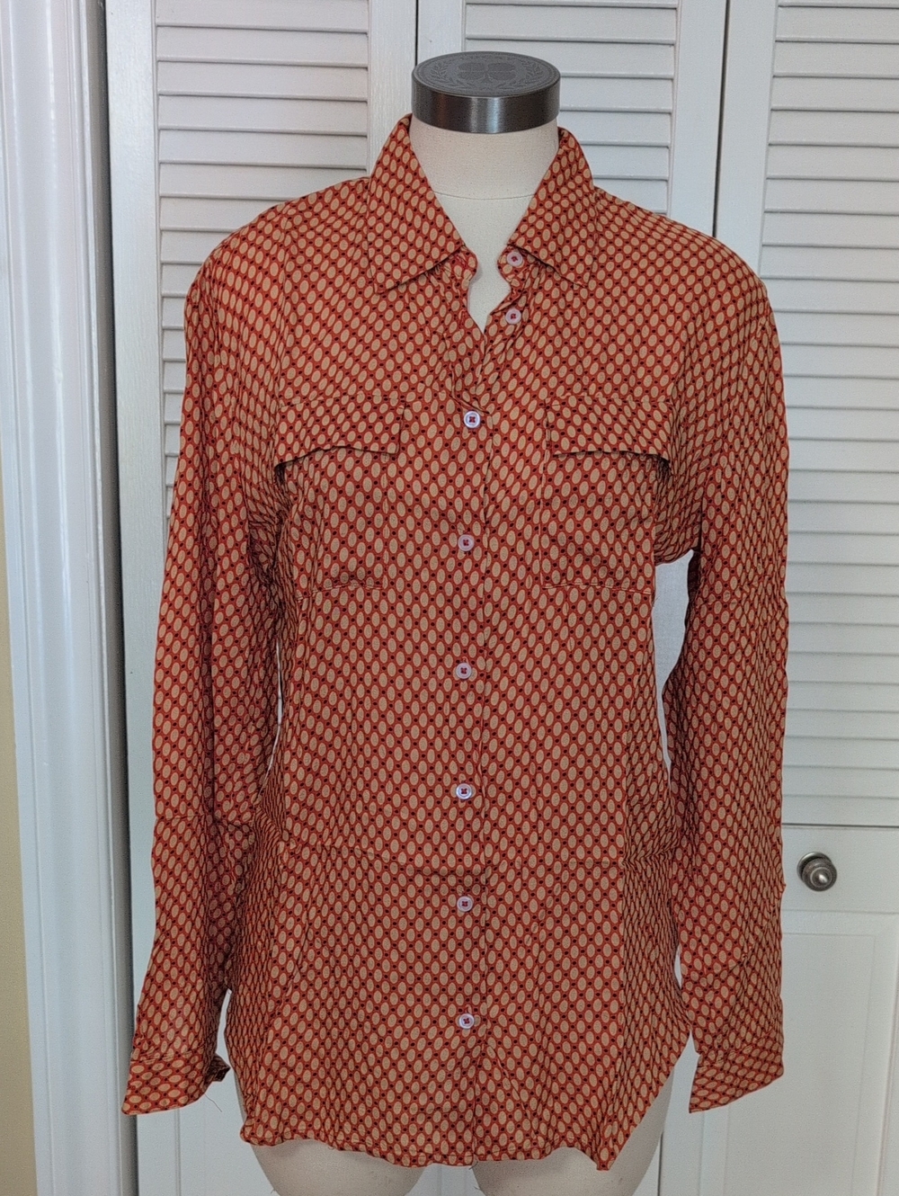 United Colors Of Benetton, Womens Orange Geometric Button-Down Shirt, Sz M